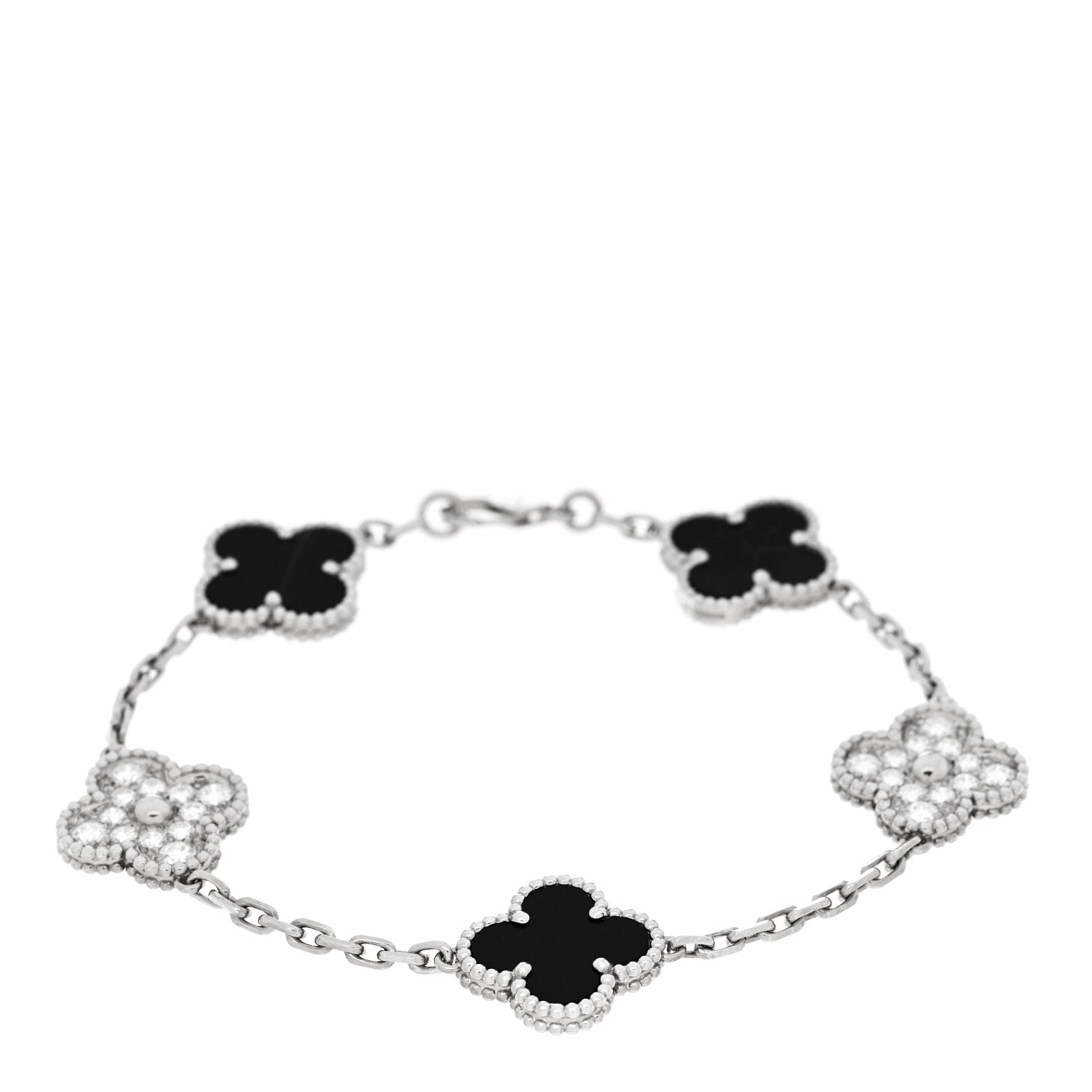 Van Cleef & Arpels 18K White Gold Diamond Black Onyx 5 Motifs Vintage Alhambra Bracelet 1 of 5
