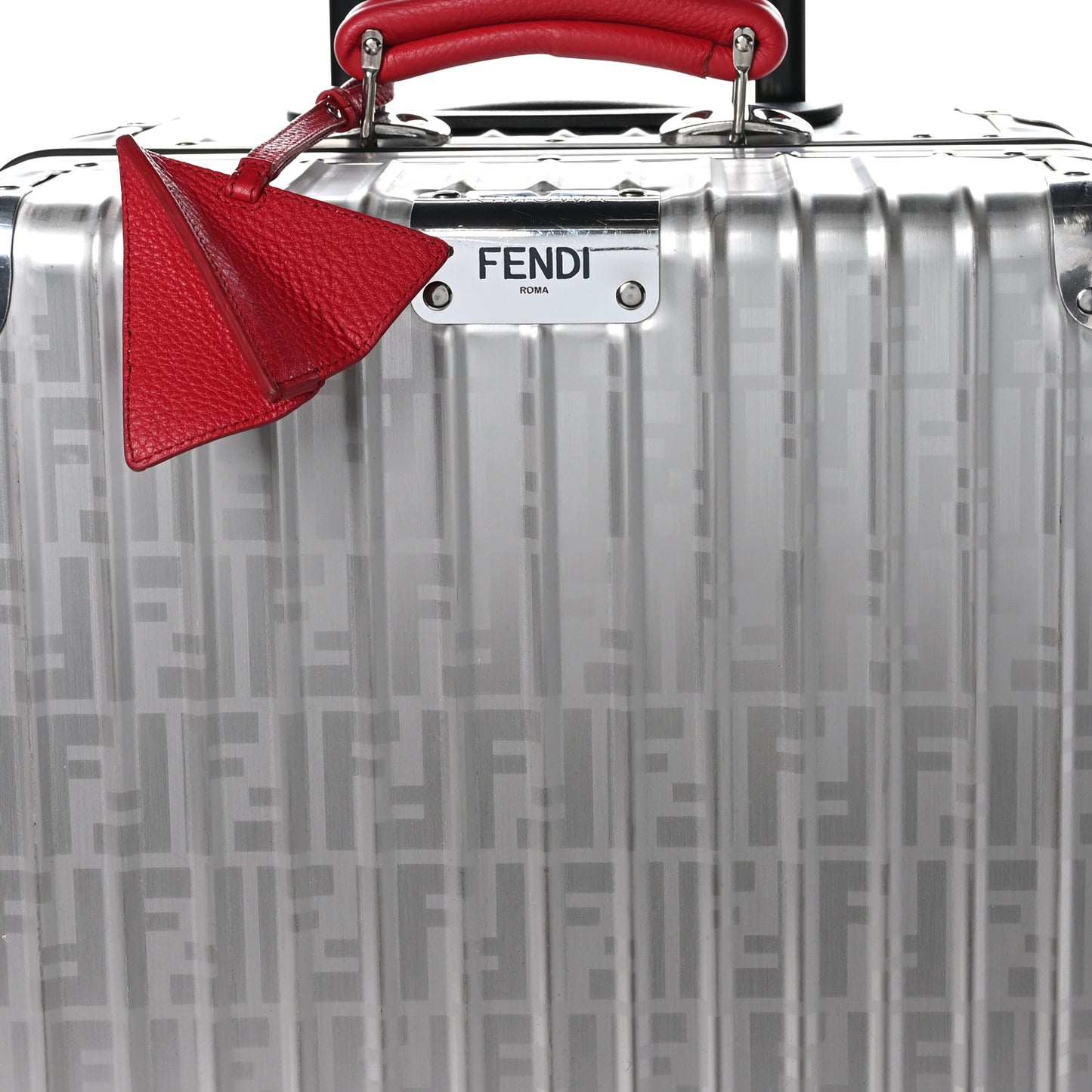 X RIMOWA Aluminum FF Print Roll Away Carry On Luggage Silver Red