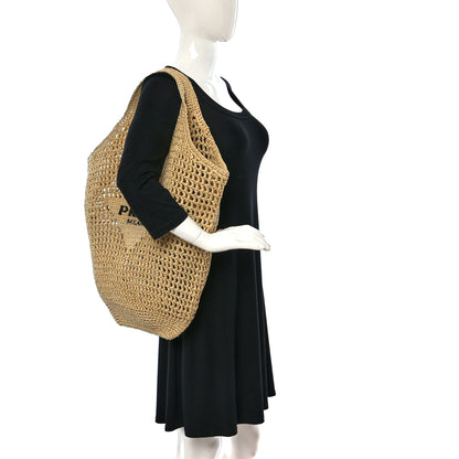 Prada Yarn Raffia Effect Crochet Logo Embroidered Shopping Tote Bag Naturale 2 of 8