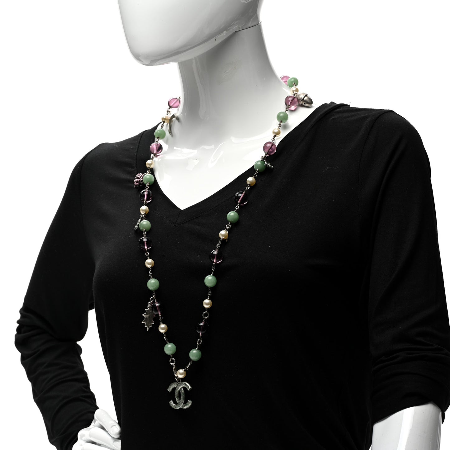 Pearl Bead CC Double Strand Charm Necklace Silver