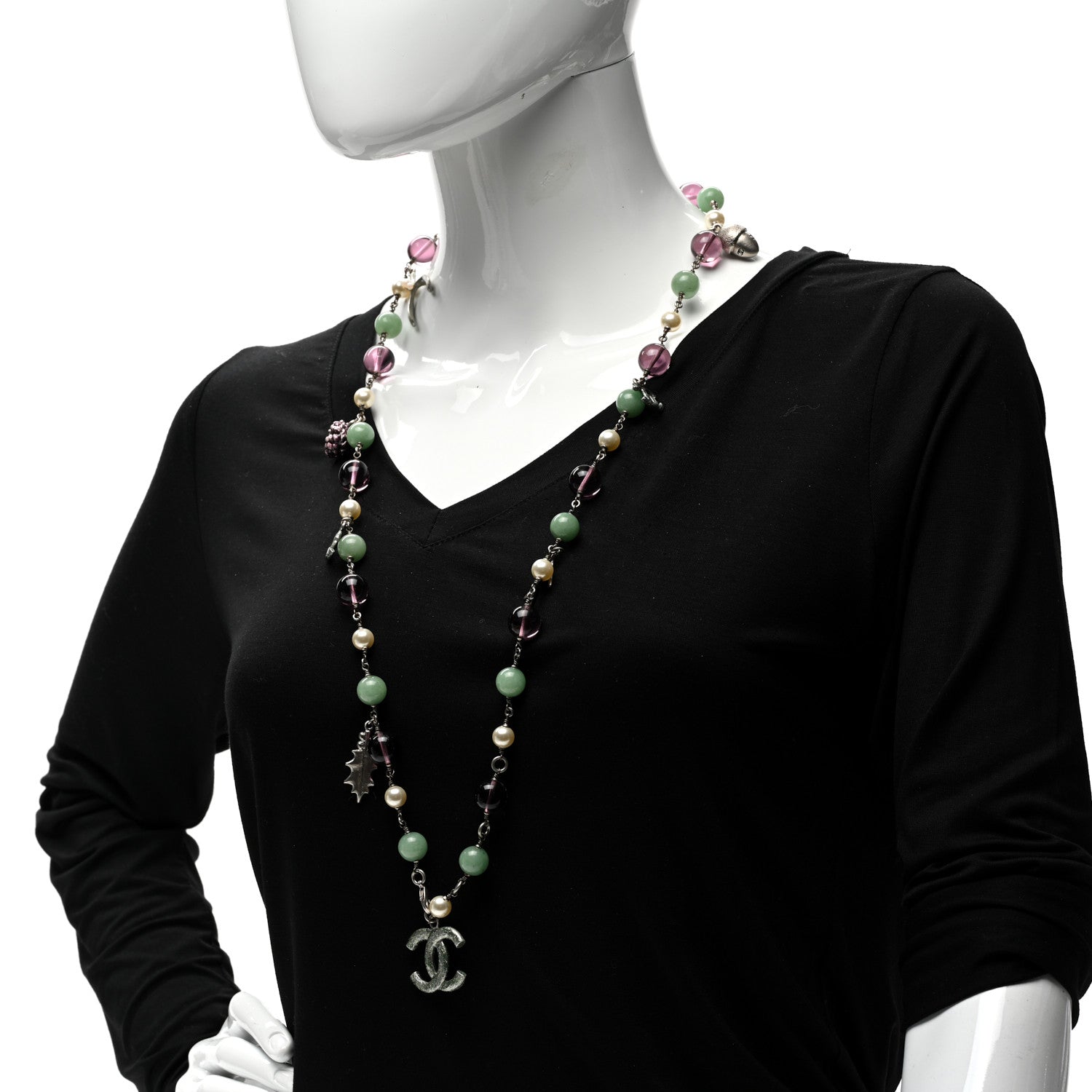 Chanel Pearl Bead CC Double Strand Charm Necklace Silver 2 of 5