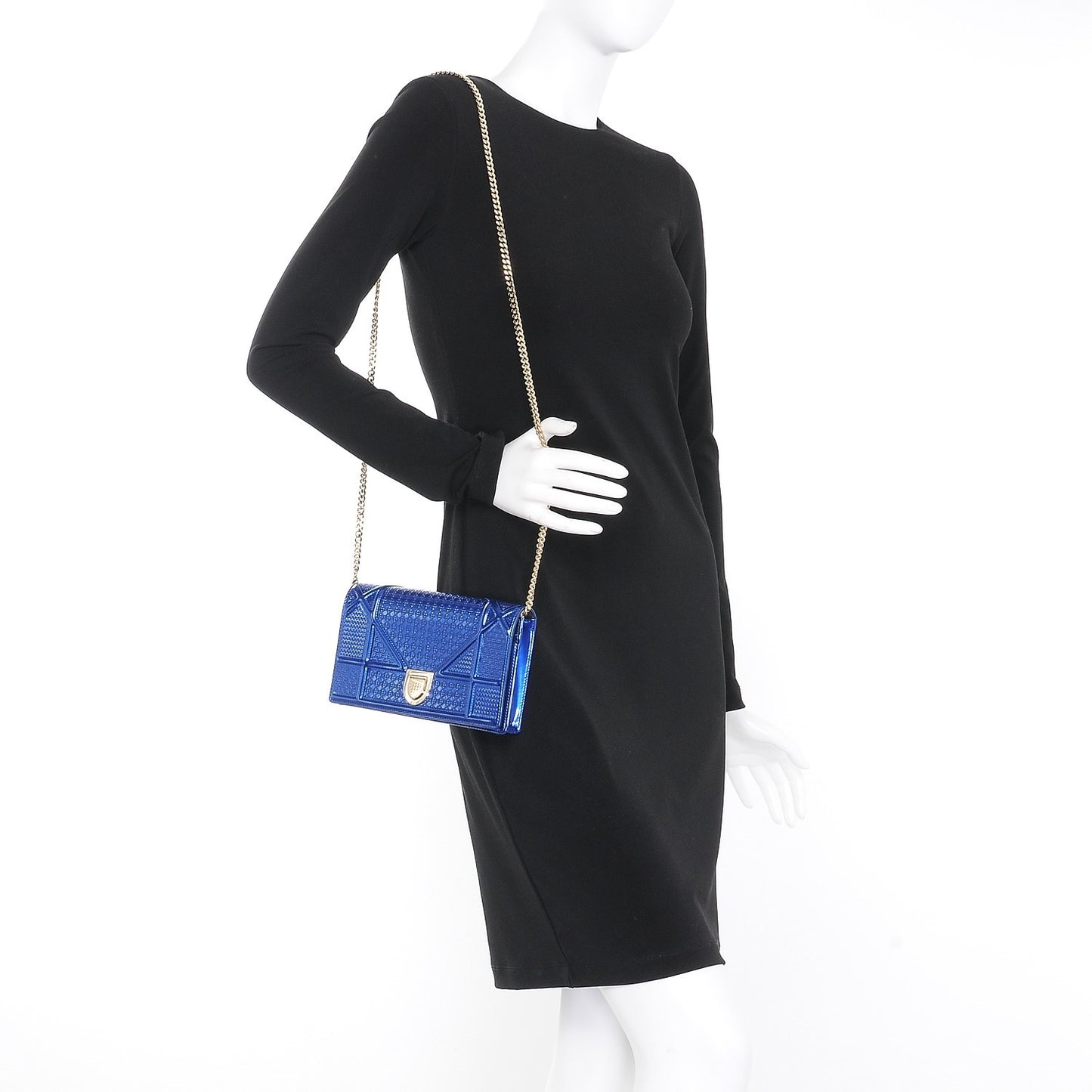 Metallic Patent Micro-Cannage Diorama Wallet on Chain Pouch Mirror Blue