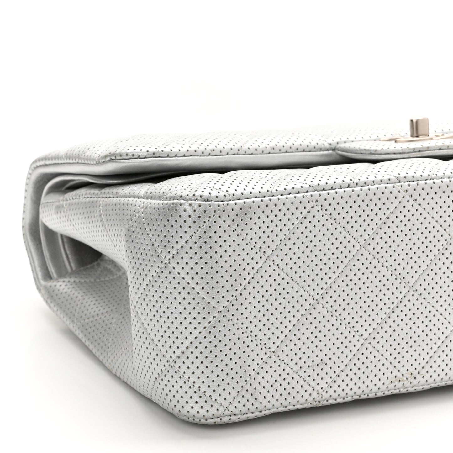 Metallic Perforated Lambskin Quilted Jumbo Double Flap Light Silver