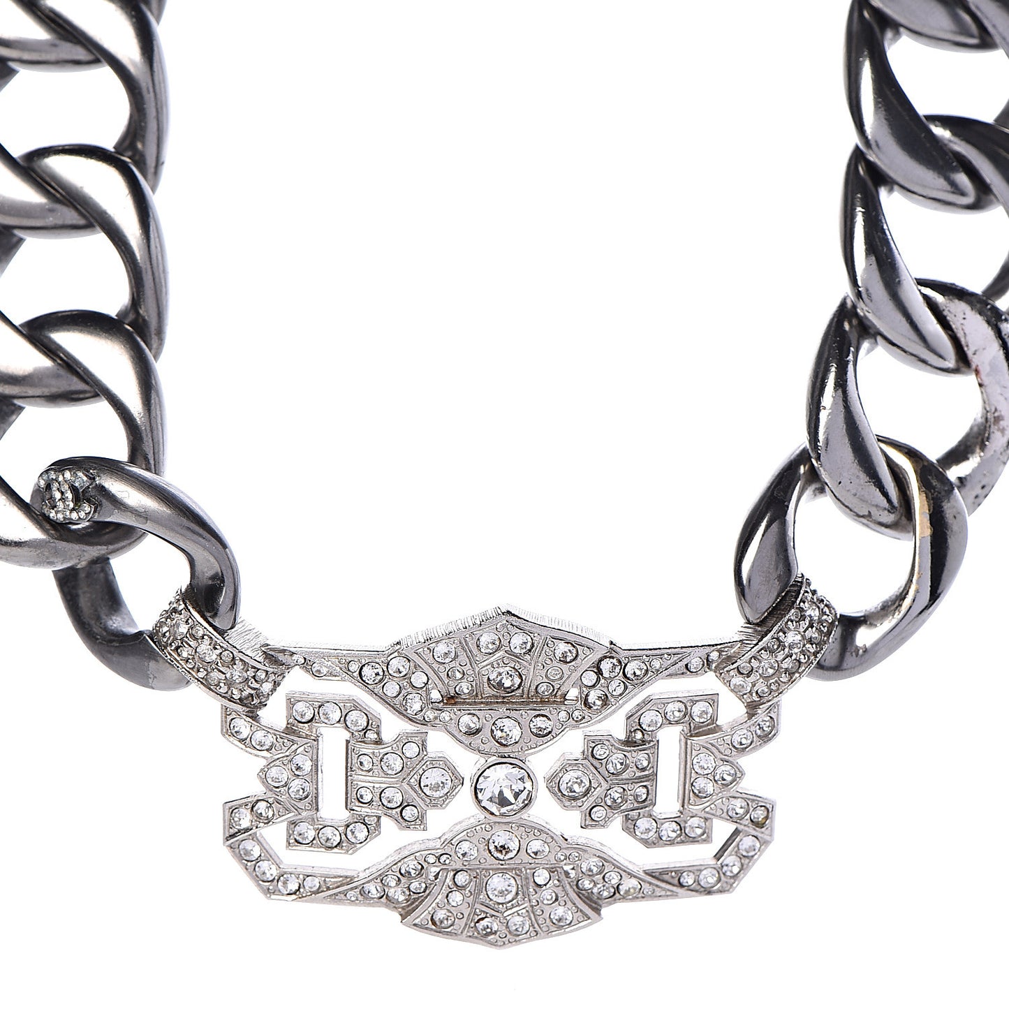 Crystal CC Chain Link Choker Necklace Dark Silver