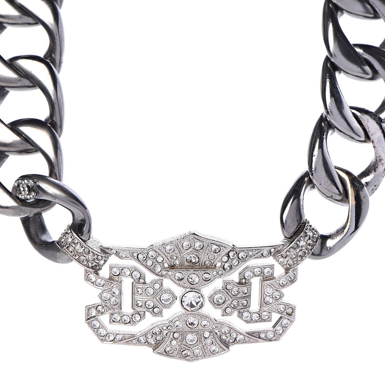 Chanel Crystal CC Chain Link Choker Necklace Dark Silver 4 of 6