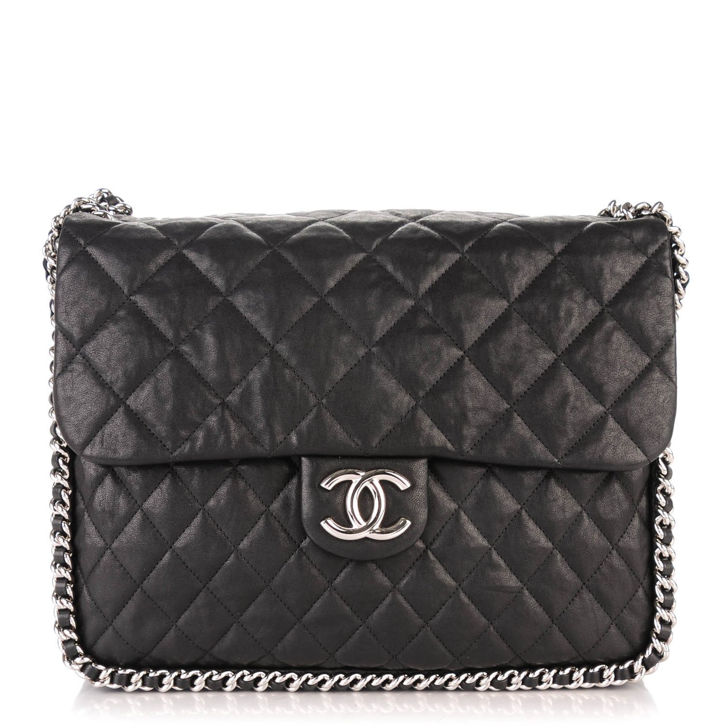 Washed Lambskin Maxi Chain Around Flap Black