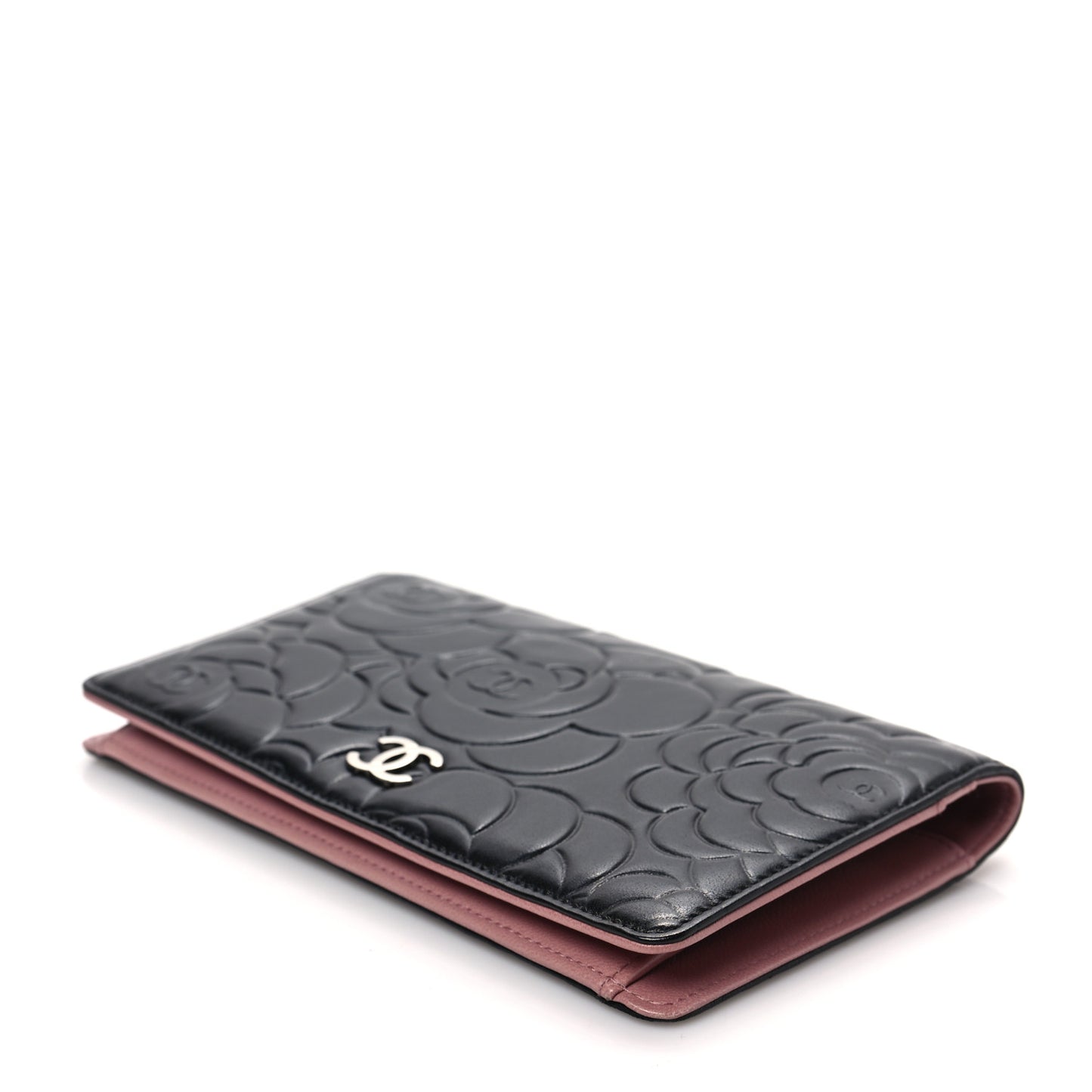 Lambskin Camellia Embossed Yen Wallet Black