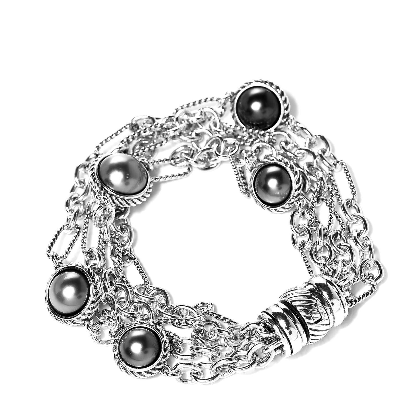 Sterling Silver Tahitian Pearl Four Row Figaro Bracelet