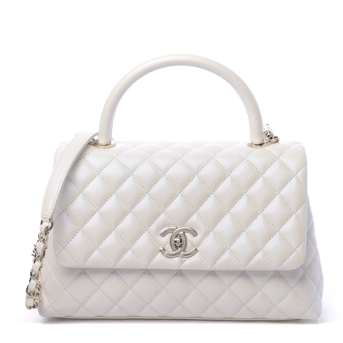 Iridescent Caviar Quilted Small Coco Handle Flap White