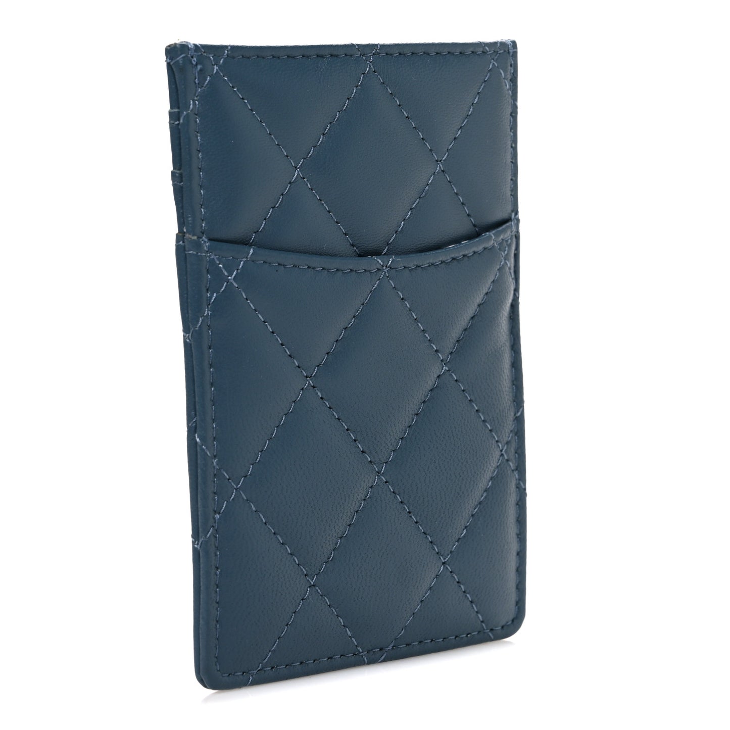 Lambskin Quilted Enamel Vertical Card Holder  Dark Blue