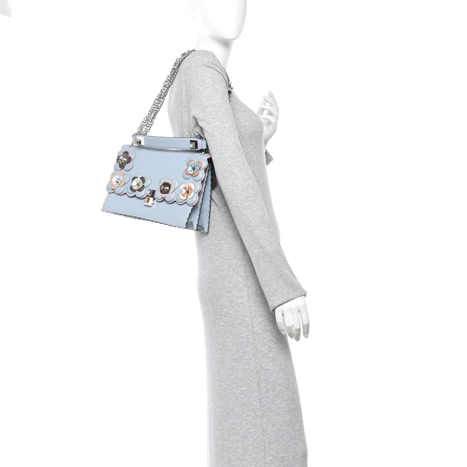 Fendi Vitello Liberty Lucido Flowerland Scalloped Studded Kan I Shoulder Bag Azzurro Polvere Multicolor 2 of 10