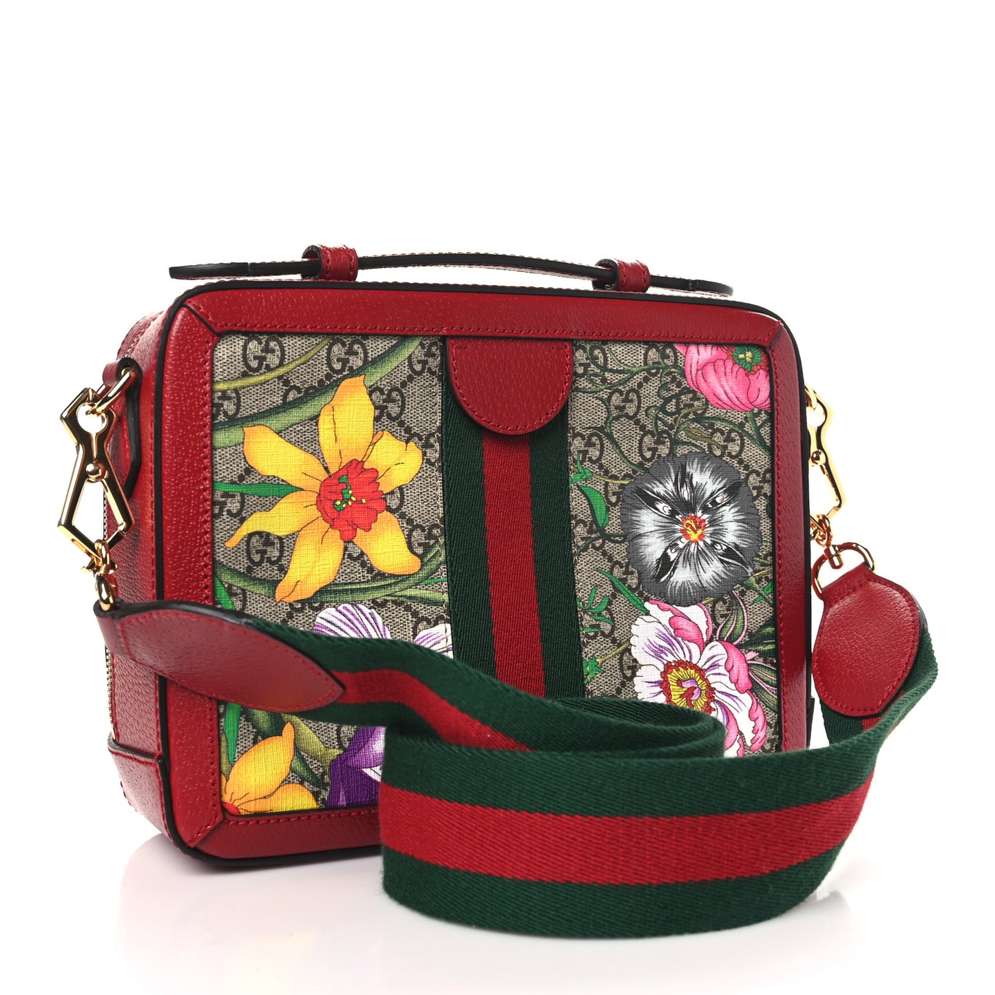 GG Supreme Monogram Flora Web Small Ophidia Top Handle Shoulder Bag Hibiscus Red