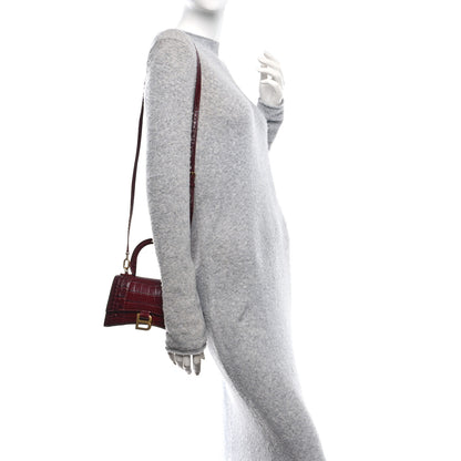 Balenciaga Shiny Calfskin Crocodile Embossed Hourglass Top Handle Bag XS Dark Red 2 of 10