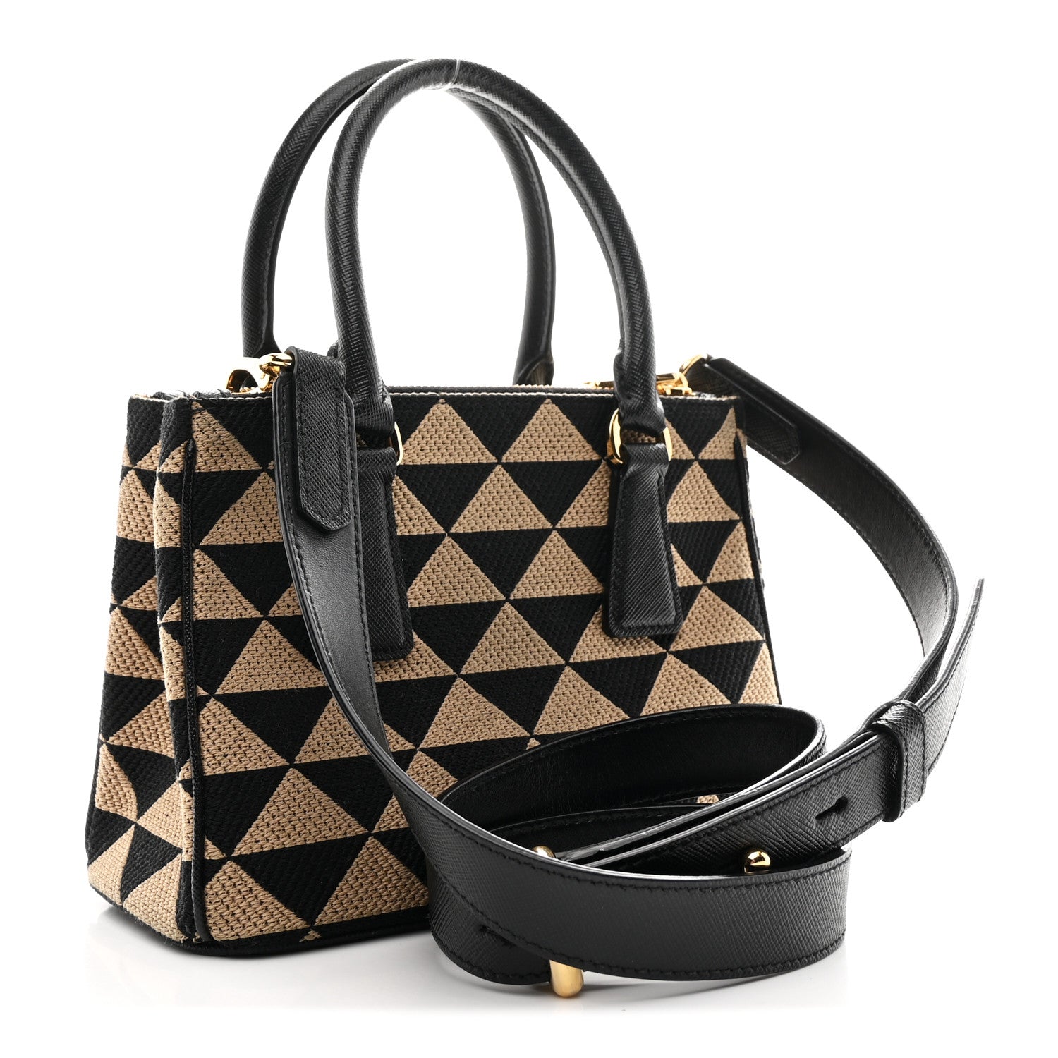 Prada Jacquard Saffiano Triangolo Symbole Embroidered Mini Galleria Double Zip Tote Black Corda 3 of 10