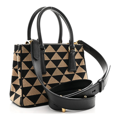 Prada Jacquard Saffiano Triangolo Symbole Embroidered Mini Galleria Double Zip Tote Black Corda 3 of 10