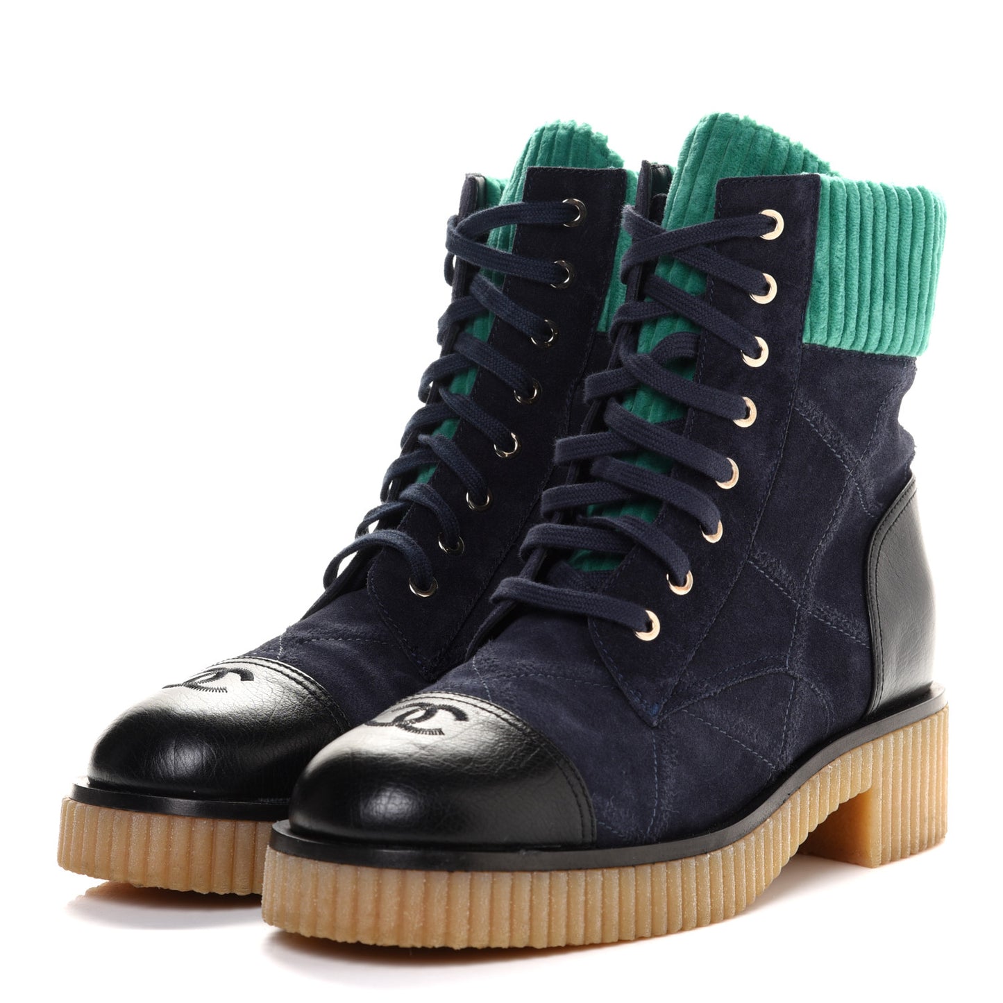 Suede Calfskin Velvet Quilted CC Combat Boots 39.5 Navy Green Black