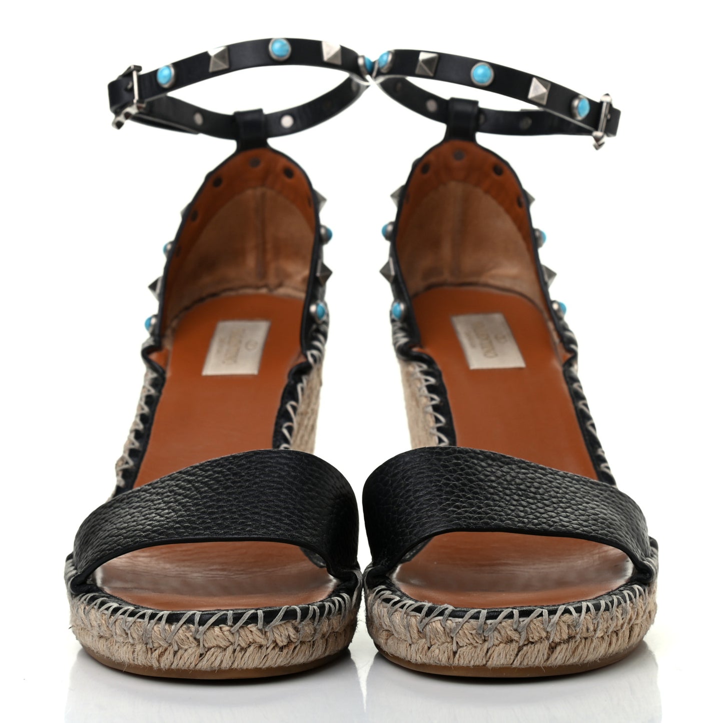 Grained Calfskin Rockstud Rolling Ankle Strap Espadrille Wedge Sandals 41 Black