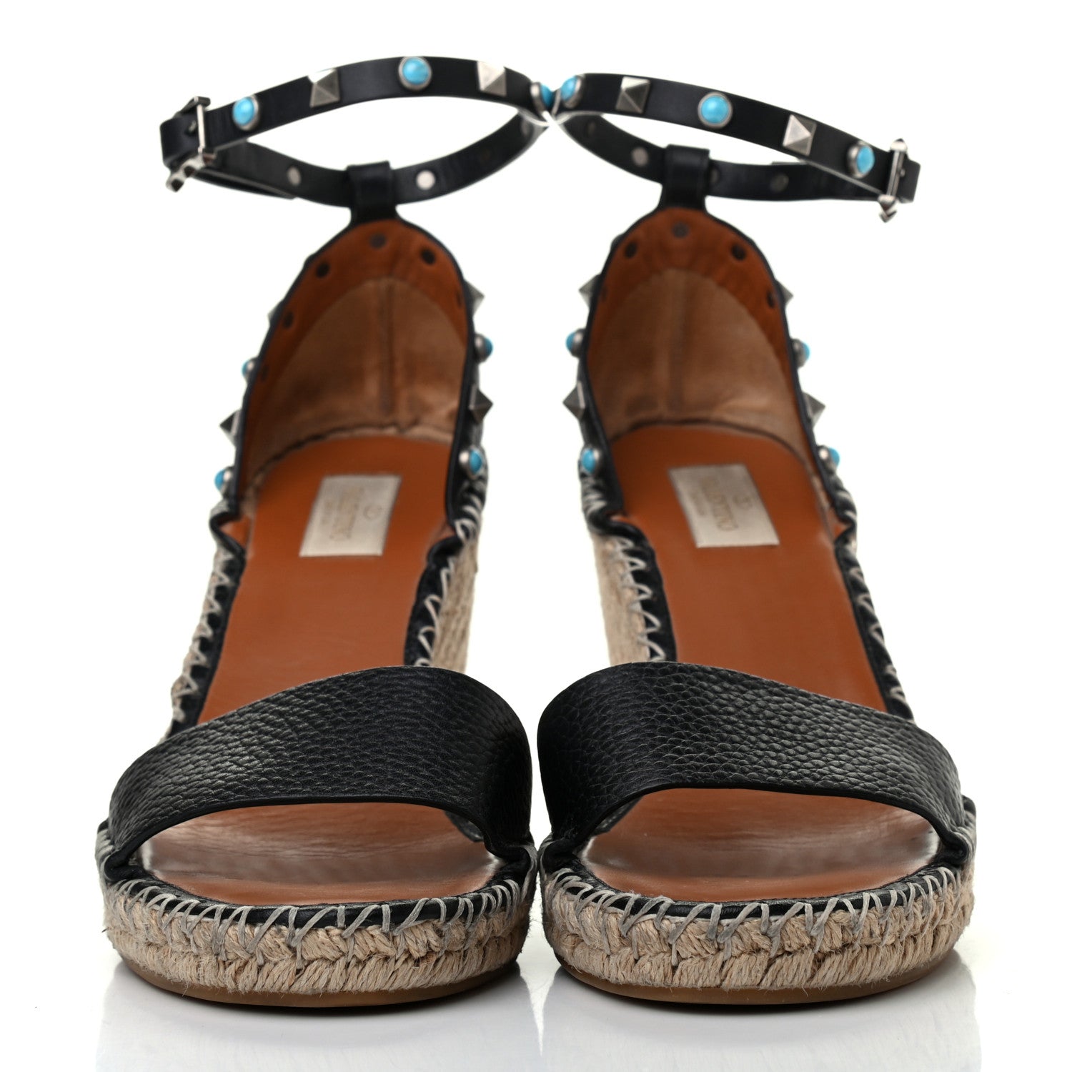Valentino Garavani Grained Calfskin Rockstud Rolling Ankle Strap Espadrille Wedge Sandals 41 Black 2 of 8