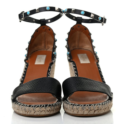 Valentino Garavani Grained Calfskin Rockstud Rolling Ankle Strap Espadrille Wedge Sandals 41 Black 2 of 8