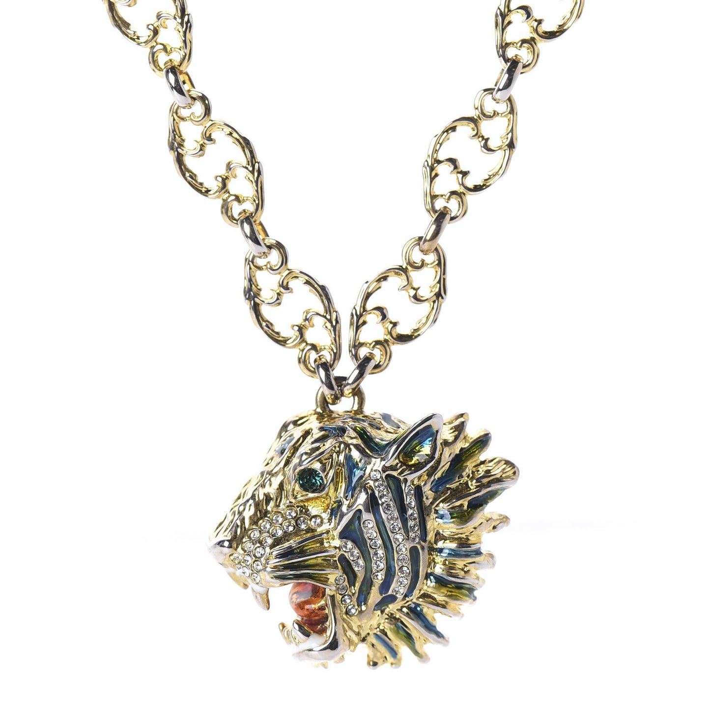 Metal Enamel Roaring Tiger Pendant Necklace Gold
