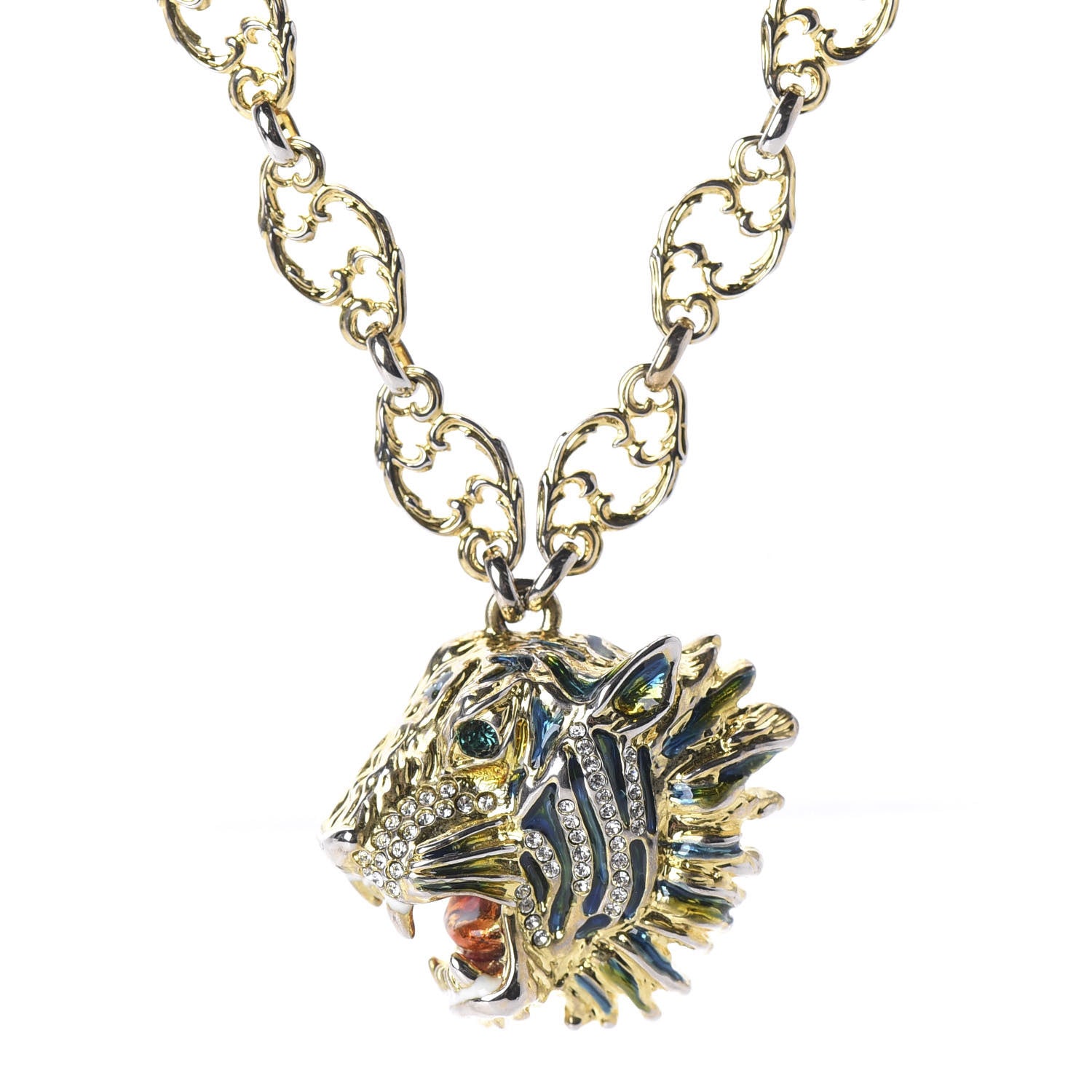 Gucci Metal Enamel Roaring Tiger Pendant Necklace Gold 3 of 6