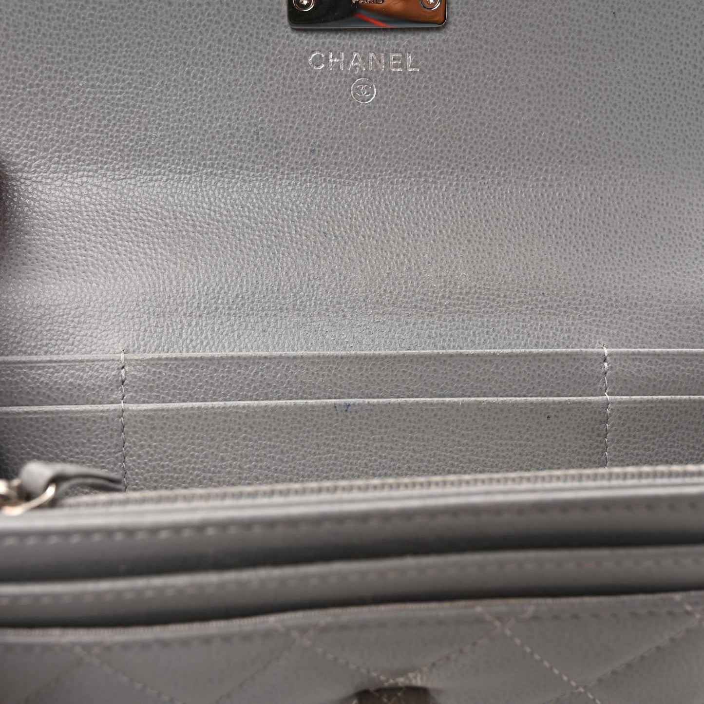 Grained Calfskin Quilted CC Box Flap Wallet Grey