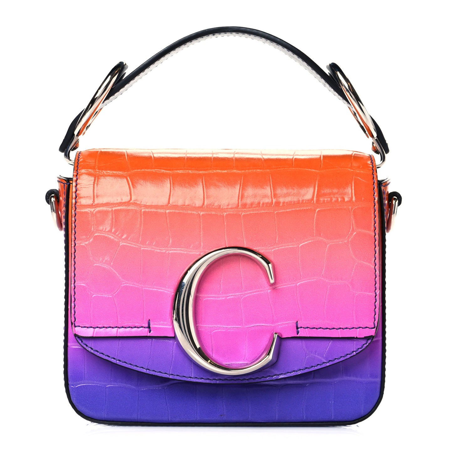 Calfskin Crocodile Embossed Mini C Double Carry Ombre Pink