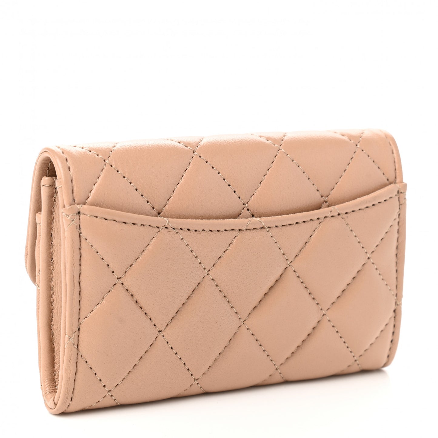Lambskin Quilted Flap Card Holder Wallet Beige
