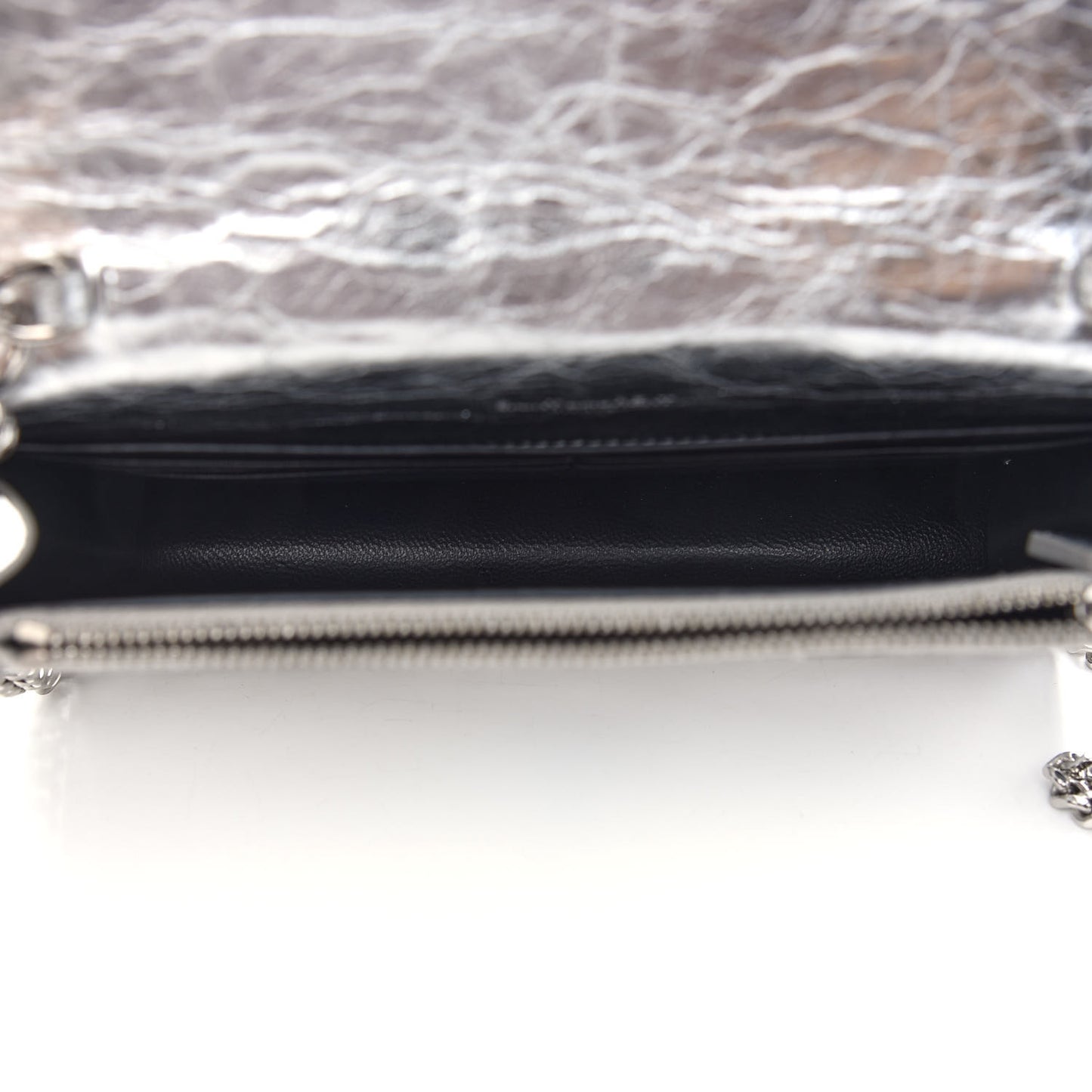 Metallic Crackled Calfskin Kate Monogram Tassel Chain Wallet Argento