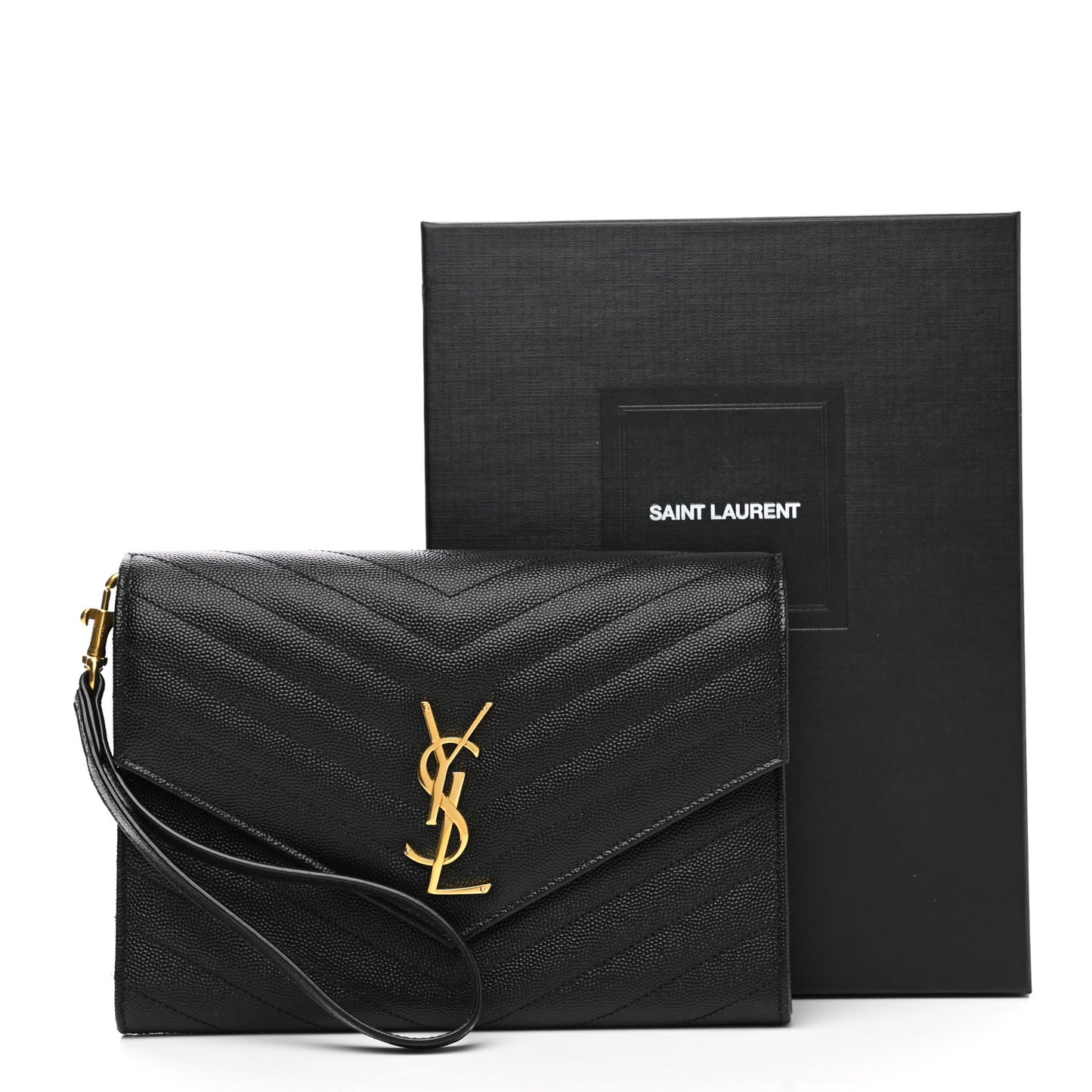 Grain De Poudre Matelasse Chevron Monogram Envelope Clutch Black