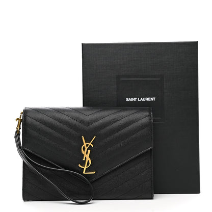 Saint Laurent Grain De Poudre Matelasse Chevron Monogram Envelope Clutch Black 10 of 10