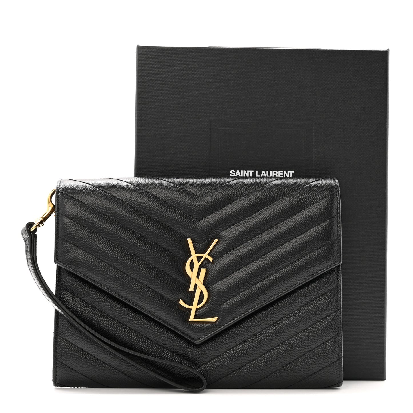 Grain De Poudre Matelasse Chevron Monogram Envelope Clutch Black