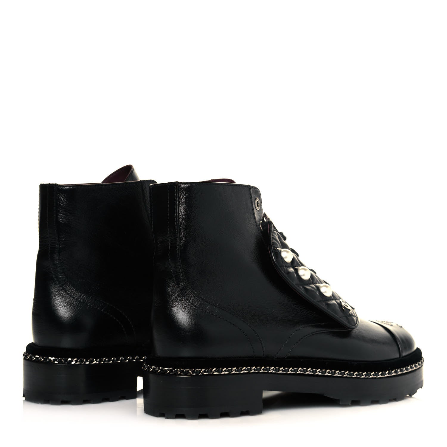 Chanel Crackled Calfskin Velvet Pearl Combat Short Boots 36.5 Black 4 of 7