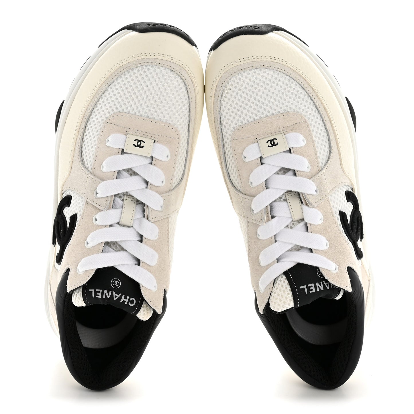 Mesh Suede Grained Calfskin Womens CC Sneakers 38.5 White Black
