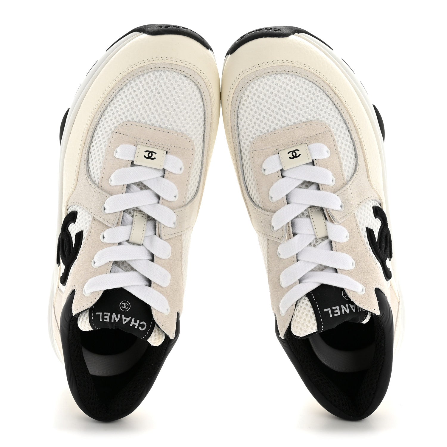 Chanel Mesh Suede Grained Calfskin Womens CC Sneakers 38.5 White Black 2 of 10