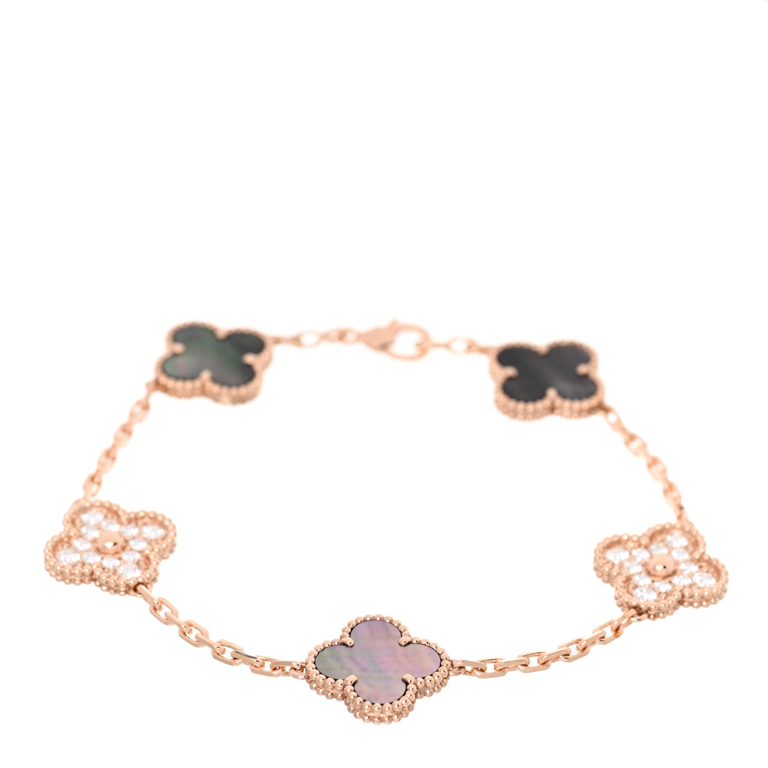 Van Cleef & Arpels 18K Rose Gold Diamond Gray Mother of Pearl 5 Motifs Vintage Alhambra Bracelet 1 of 5