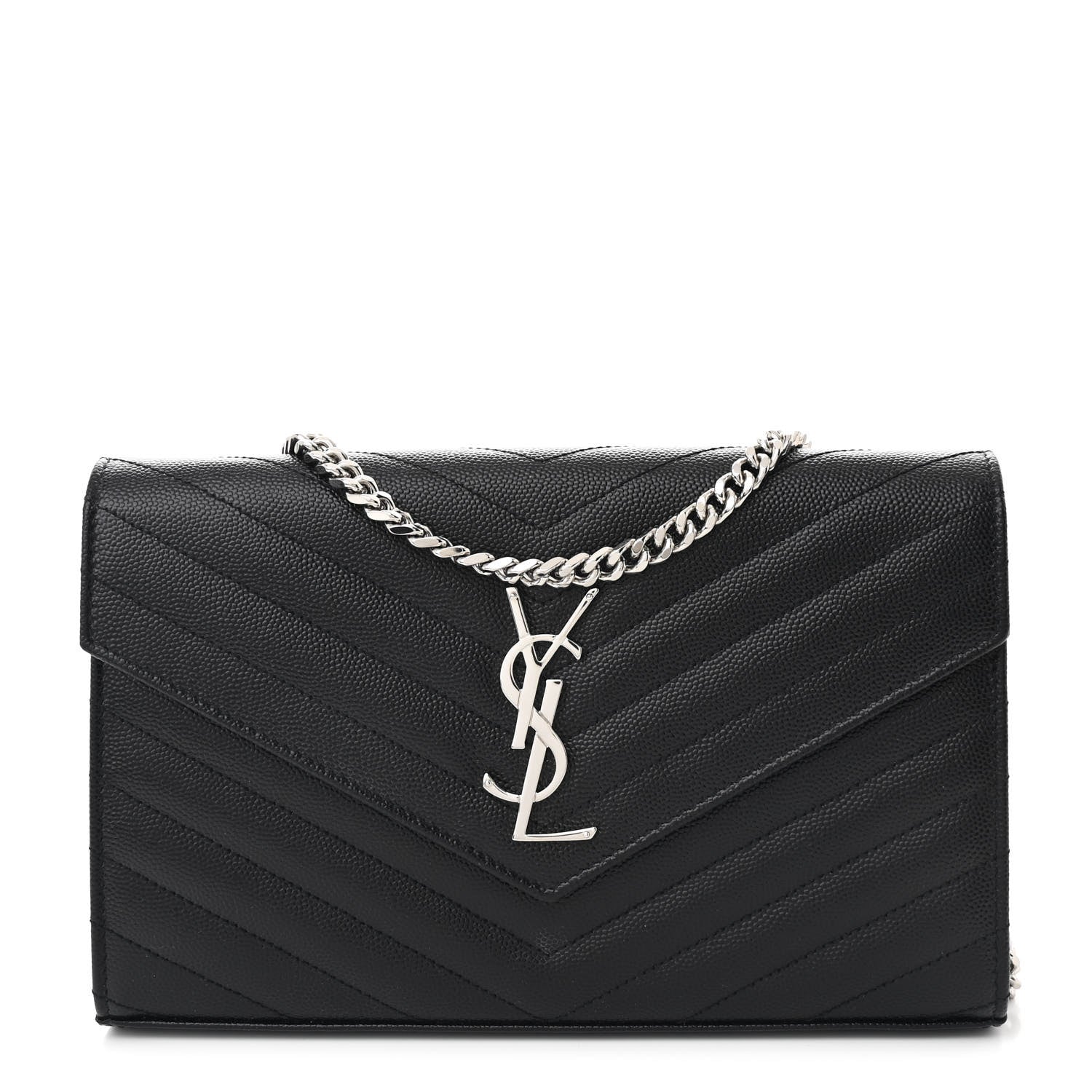 Saint Laurent Grain De Poudre Matelasse Chevron Monogram Chain Wallet Black 1 of 12