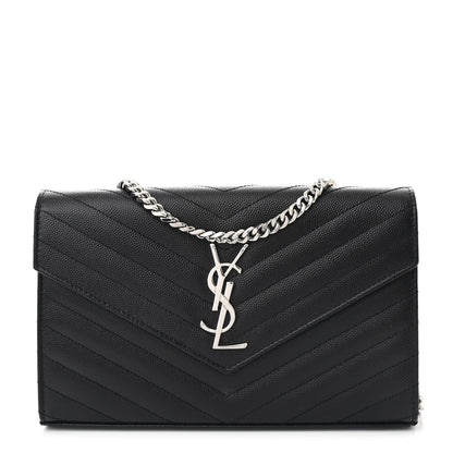 Saint Laurent Grain De Poudre Matelasse Chevron Monogram Chain Wallet Black 1 of 12