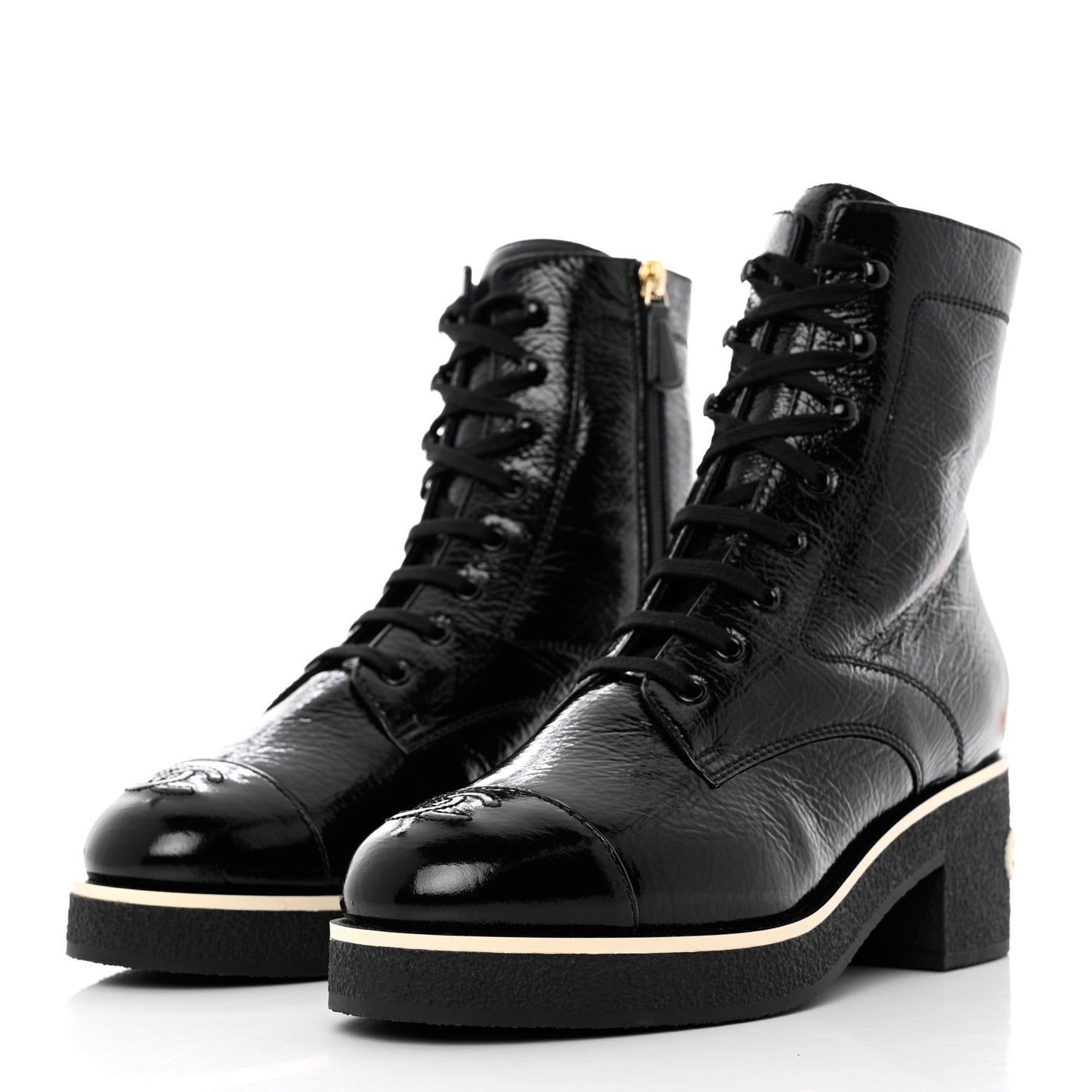 Shiny Crumpled Lambskin Lace Up Combat Boots 40.5 Black