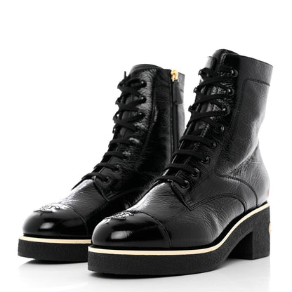 Chanel Shiny Crumpled Lambskin Lace Up Combat Boots 40.5 Black 3 of 9