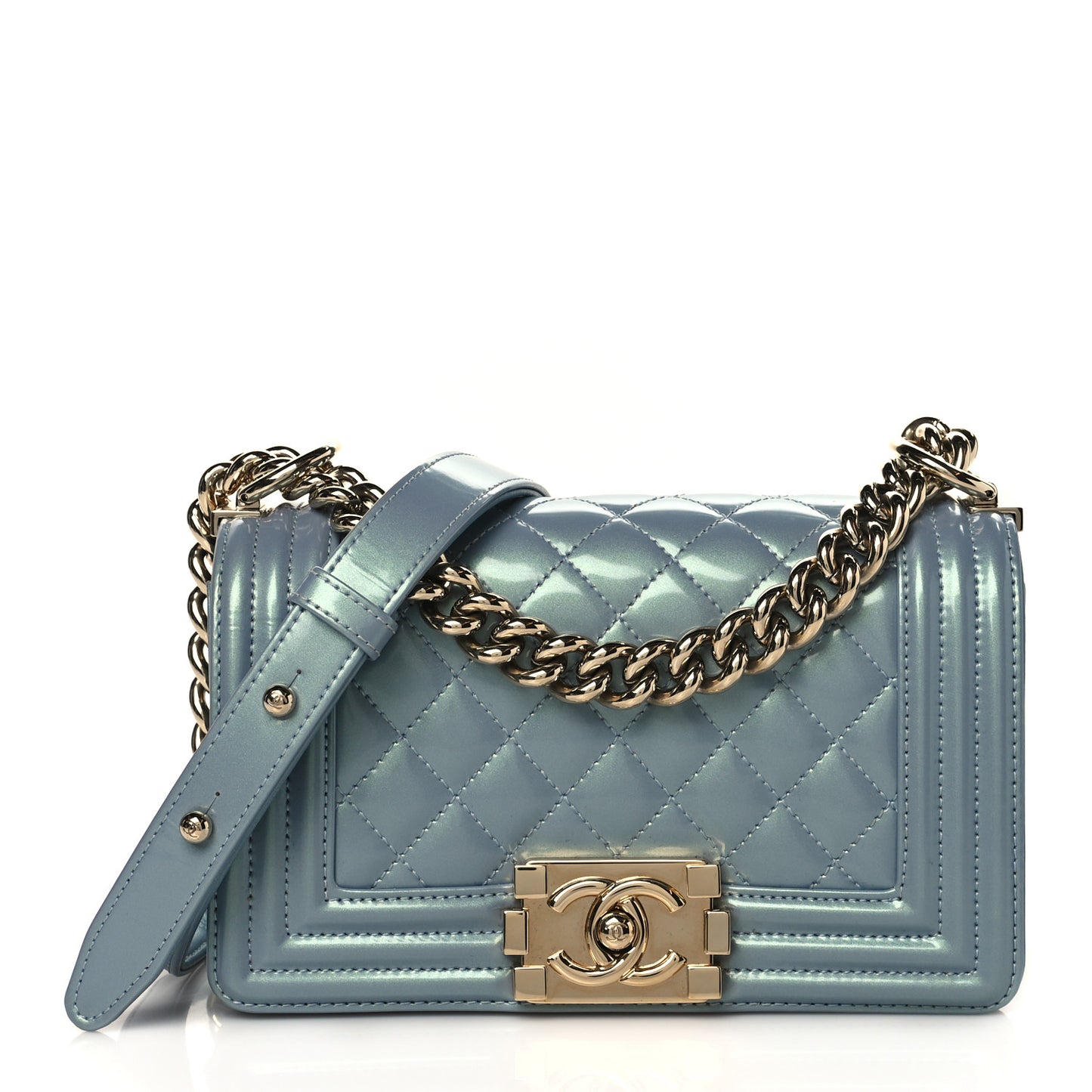 Iridescent Glazed Calfskin Quilted Small Boy Flap Light Blue