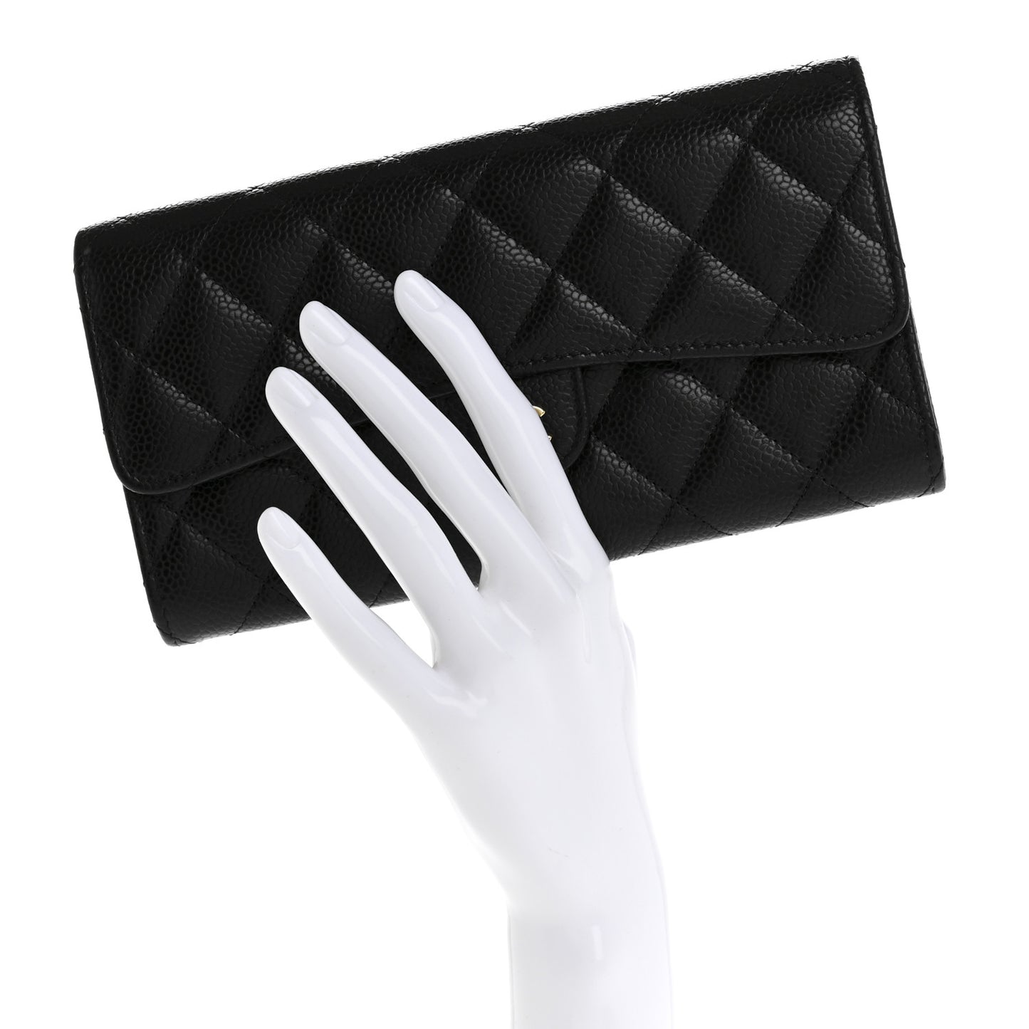 Caviar Quilted Large Gusset Flap Wallet Black