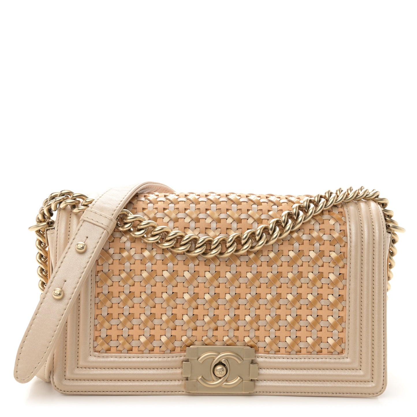 Metallic Calfskin Braided Medium Boy Flap Beige Multicolor