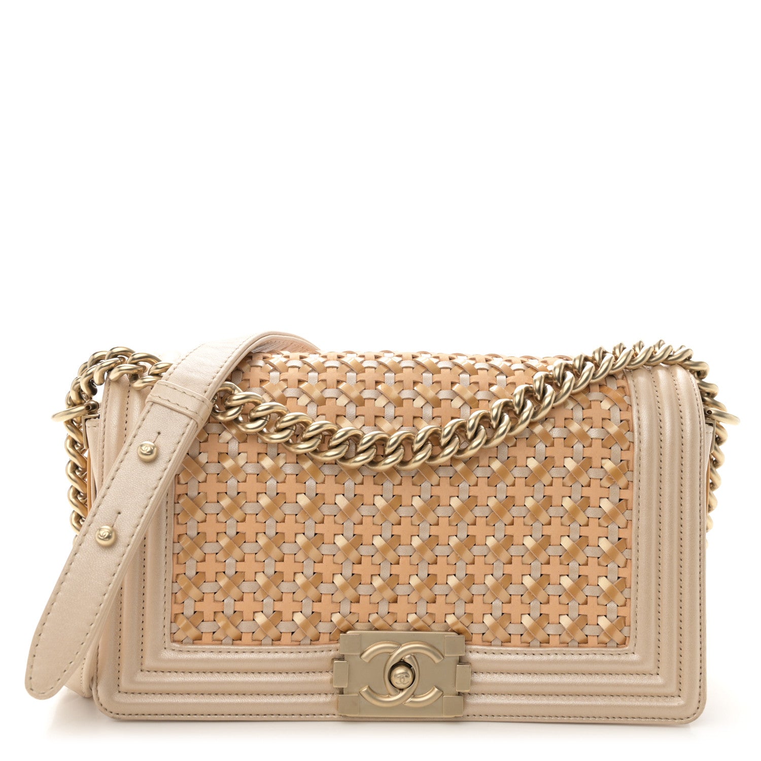Chanel Metallic Calfskin Braided Medium Boy Flap Beige Multicolor 1 of 11