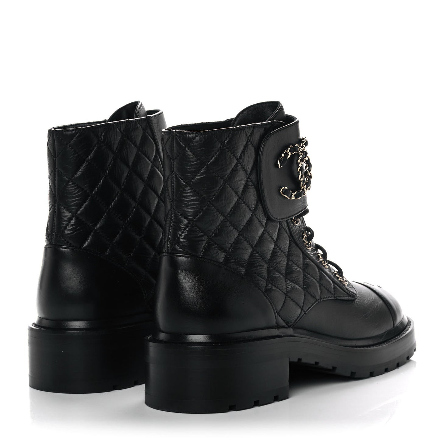 Shiny Goatskin Calfskin Quilted Lace Up Combat Boots 40 Black