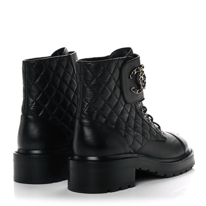 Chanel Shiny Goatskin Calfskin Quilted Lace Up Combat Boots 40 Black 7 of 20