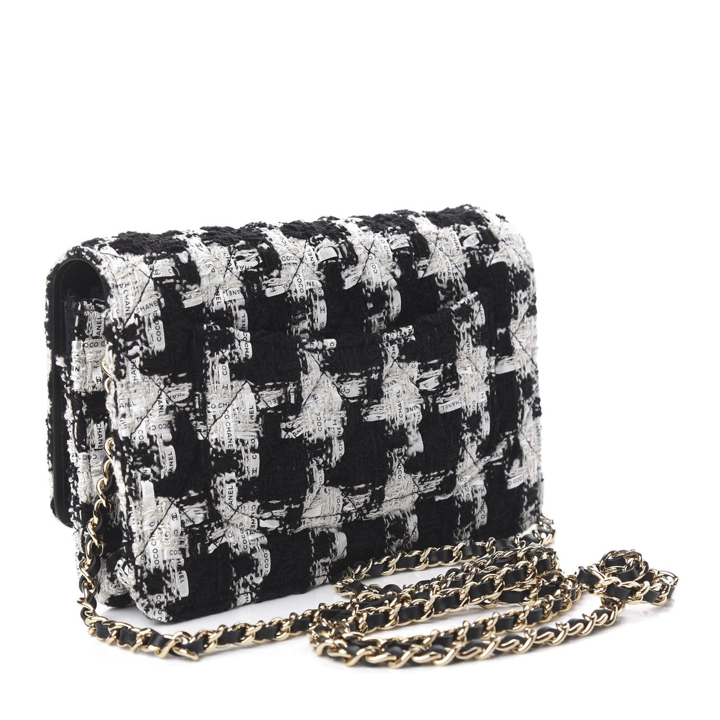 Tweed Quilted Wallet On Chain WOC Black Ecru White