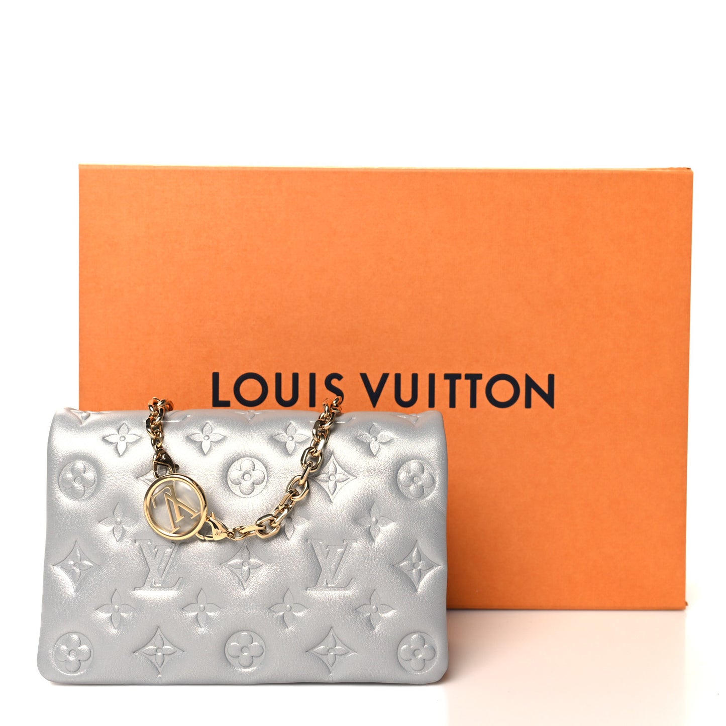 Metallic Lambskin Embossed Monogram Pochette Coussin Silver