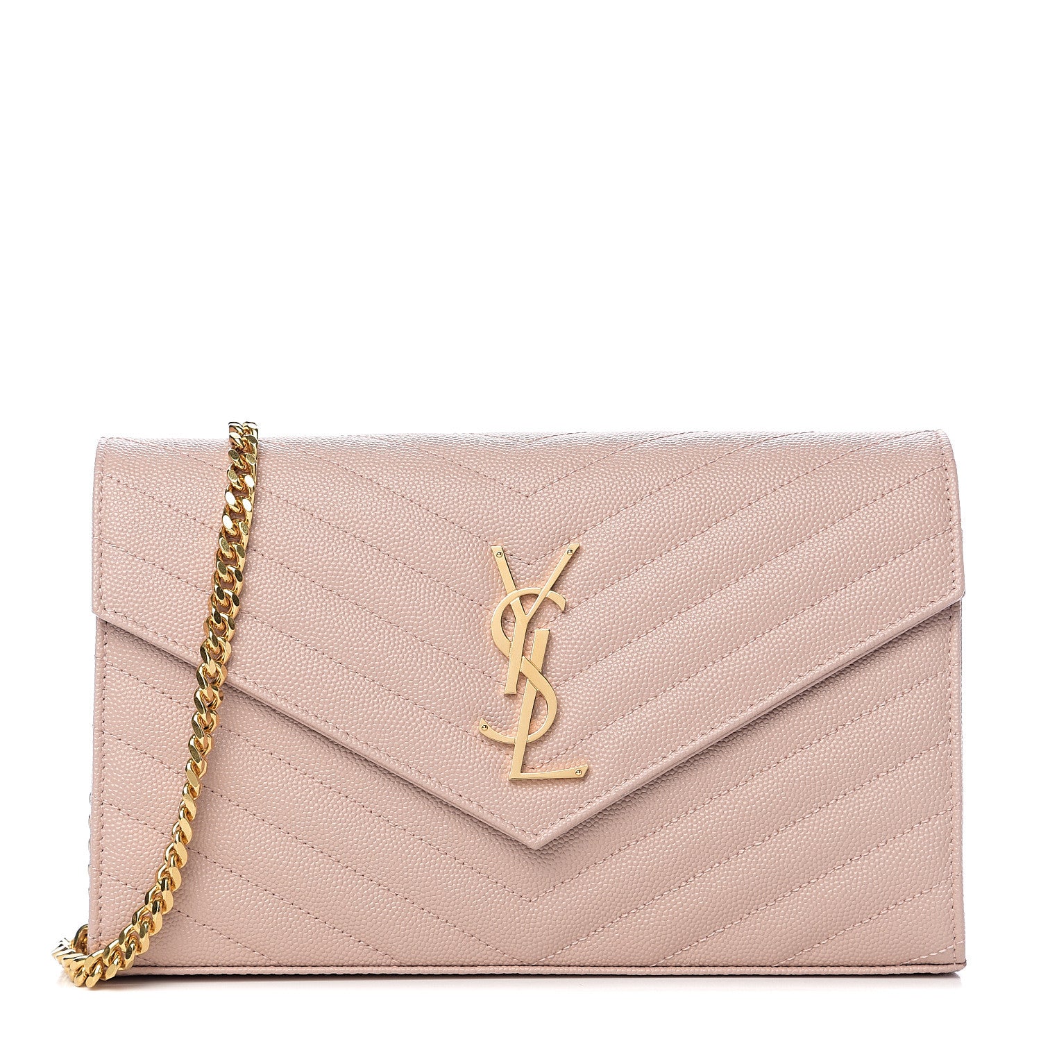 Saint Laurent Grain De Poudre Matelasse Chevron Monogram Chain Wallet Pale Pink 1 of 8