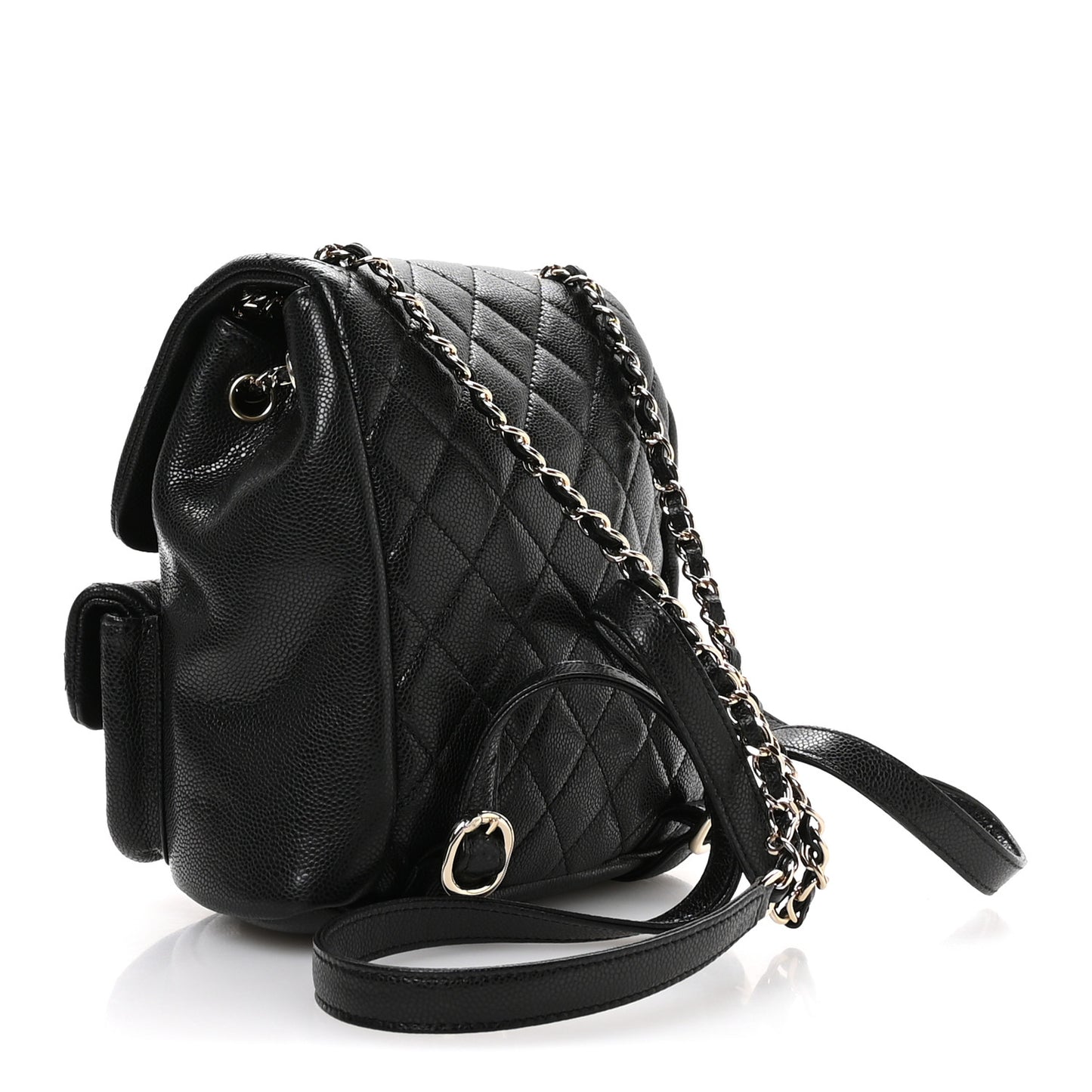 Shiny Caviar Quilted Medium Duma Pockets Drawstring Backpack Black